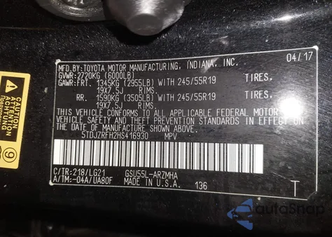 2017 Toyota Highlander Se from USA, damaged, VIN 5TDJZRFH2HS416930